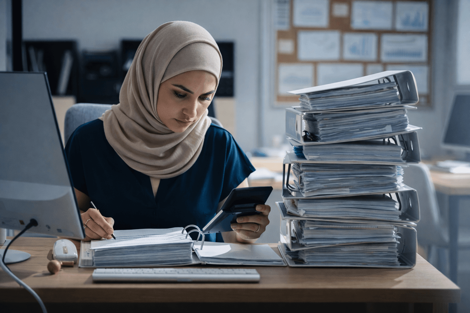 Mitarbeiterin prüft ihr Arbeitszeitkonto am Laptop