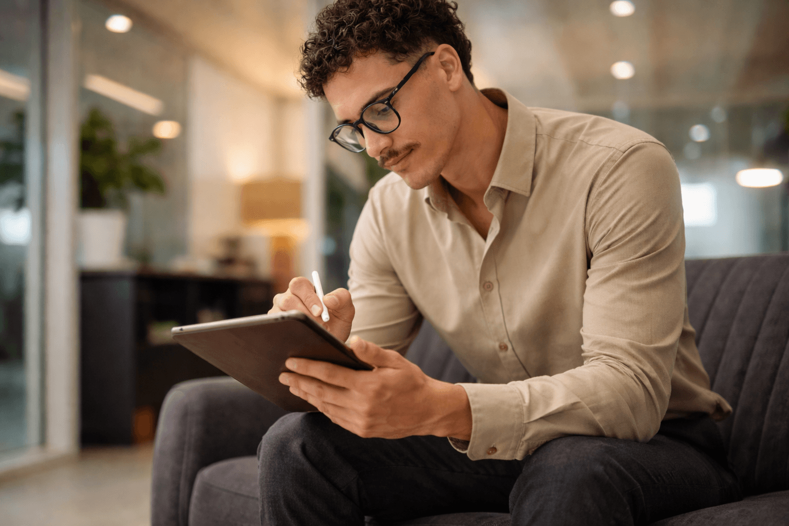 Mann erstellt Schichtplan auf Tablet