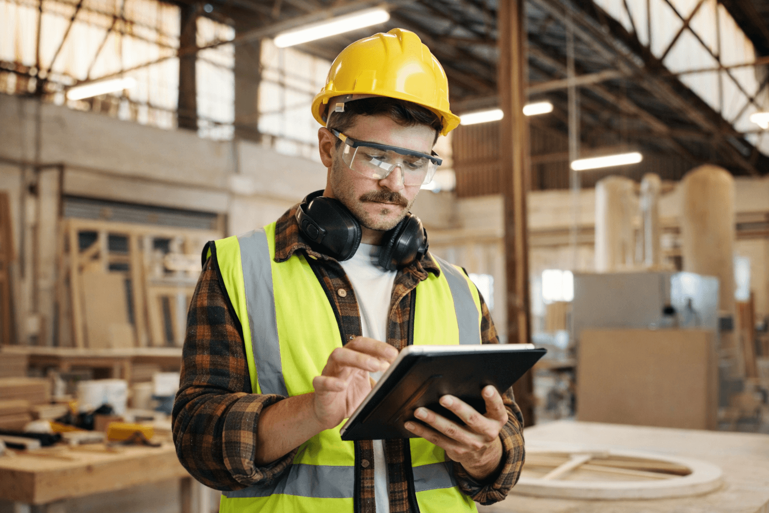 Arbeiter prüft Dienstplan auf Tablet -- mobile Einsatzplanung