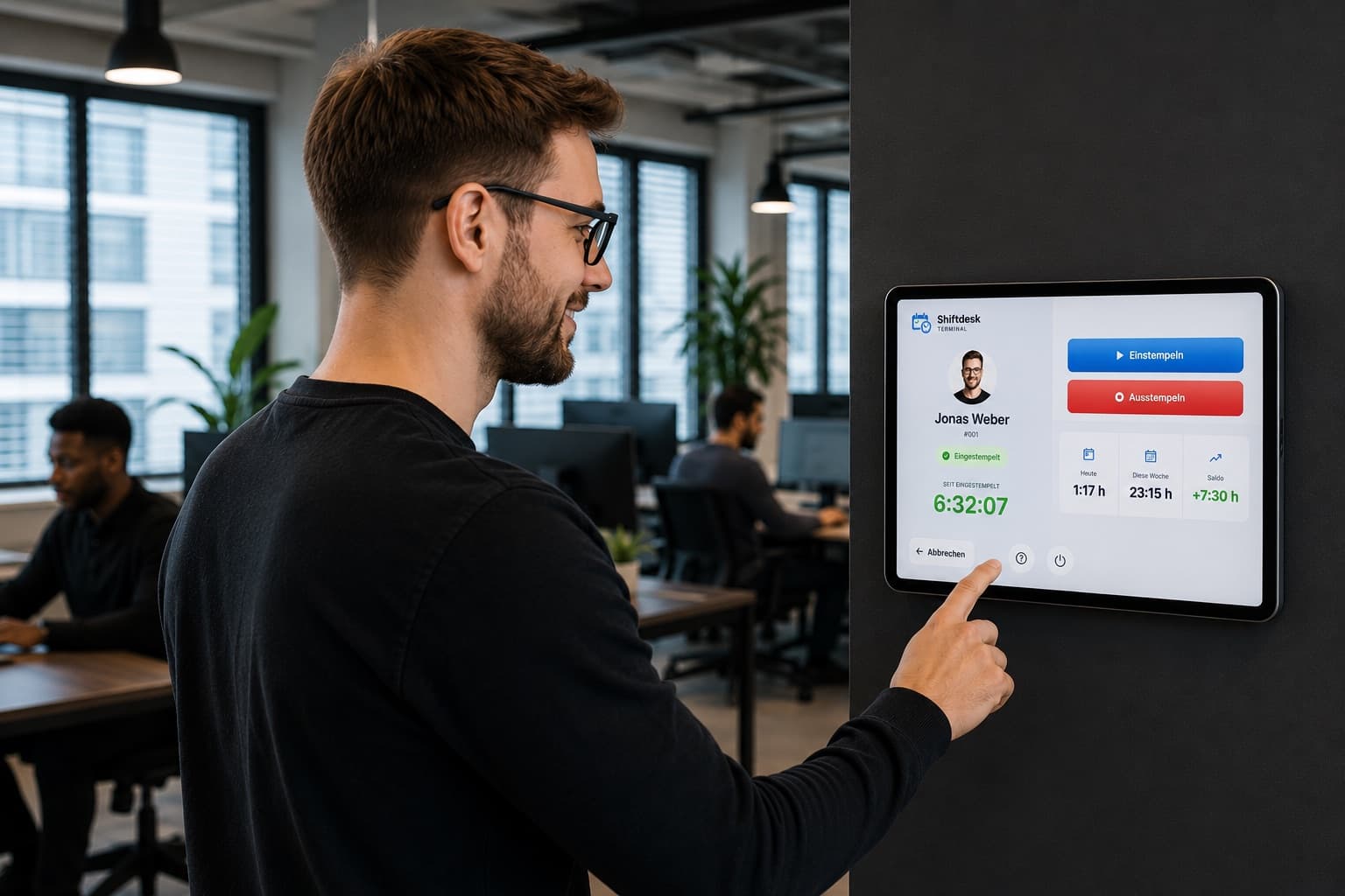 Mitarbeiter stempelt sich an der Tablet-Stempeluhr Shiftdesk Terminal an der Wand ein